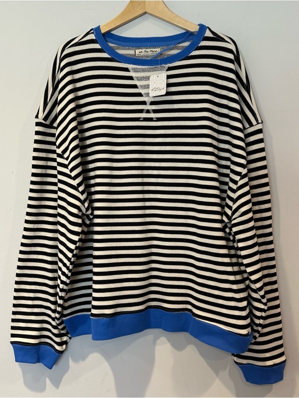 Free People Oversized Striped Black & White Sweatshirt with Blue Trim - Picture 6 of 10